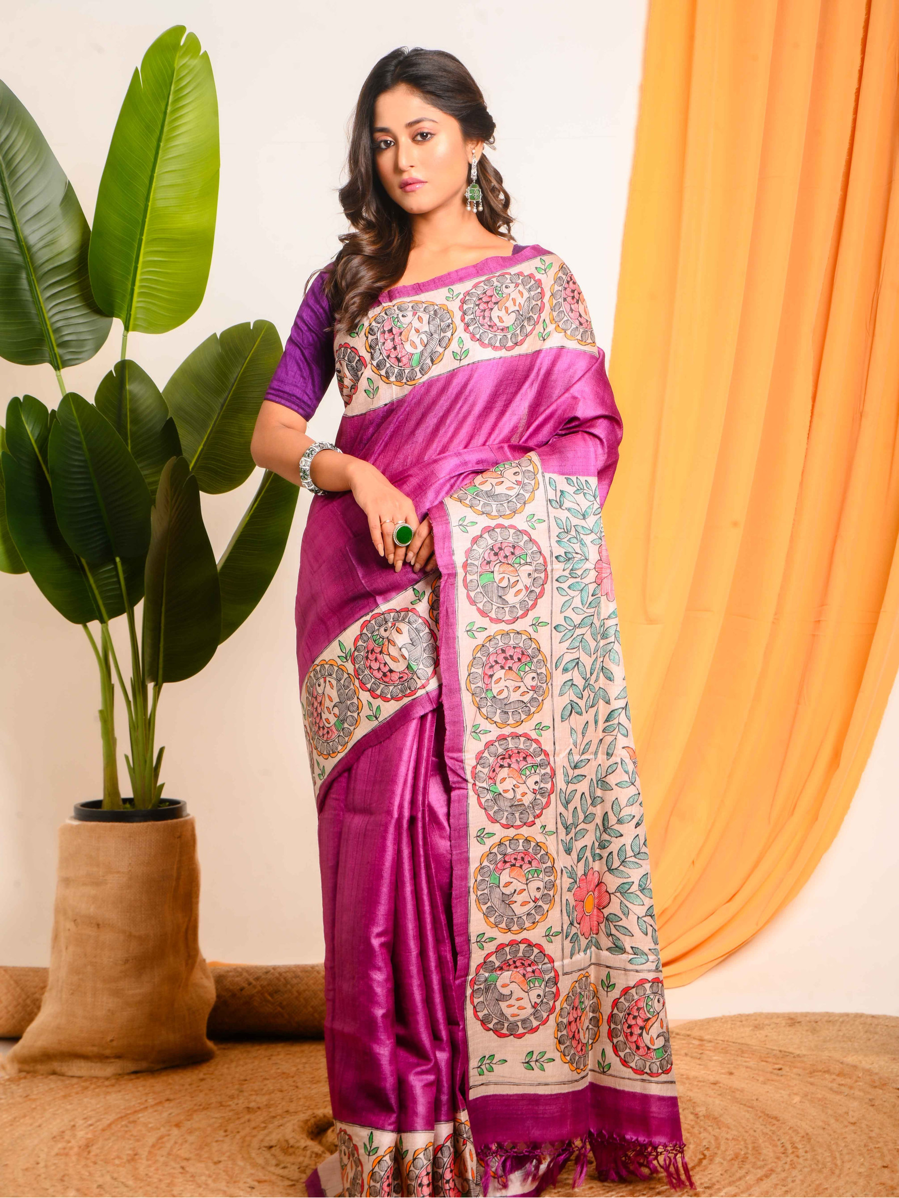 Madhubani Hand Paint Tussar Saree in Shades of Purple - BSHP32